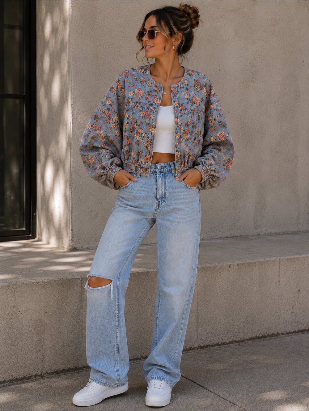 NWOT Floral Denim Jacket — Size Small